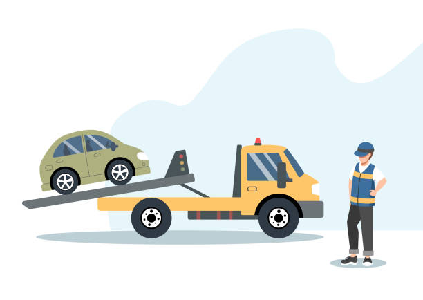Broken car on a tow truck. Flat vector illustration. Roadside assistance and car insurance concept: broken car on a tow truck. Flat vector illustration. tow truck cartoon stock illustrations