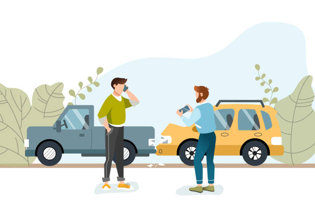 Two men had a road accident. Flat vector illustration. Car accident in suburb. Two men had a road accident. Motor Insurance. Guy calling by cell phone. Another guy taking picture on his mobile phone. Flat vector illustration. Car accident in suburb. broken car stock illustrations