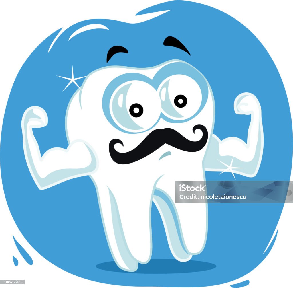 Strong Healthy Tooth Vector Cartoon Funny molar showing of its strength in oral care concept illustration Logo stock vector