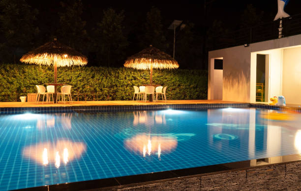 istock Beautiful blue water at night ,swimming pool for background 1145756332