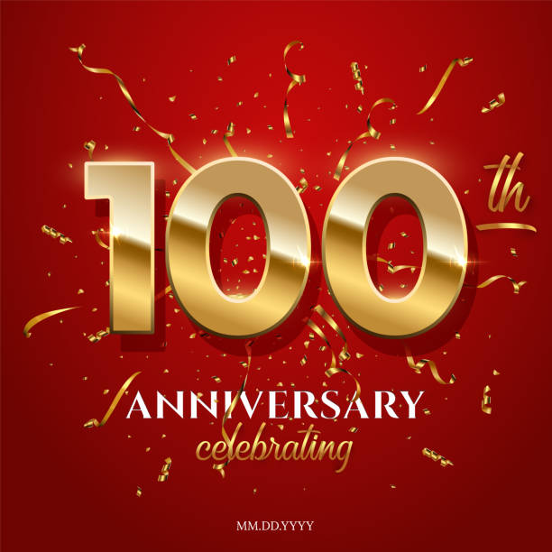 100 golden numbers and Anniversary Celebrating text with golden serpentine and confetti on red background. Vector hundredth anniversary celebration event square template. 100 golden numbers and Anniversary Celebrating text with golden serpentine and confetti on red background. Vector hundredth anniversary celebration event square template number 100 stock illustrations
