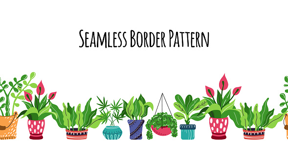 Seamless pattern with cute cartoon house plants in pots, with dots, endless texture on white background, home garden or greenhouse, vector illustration in flat style