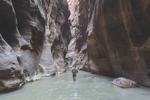 wanderer waten durch eine utah-slot-schlucht - zion narrows stock-fotos und bilder