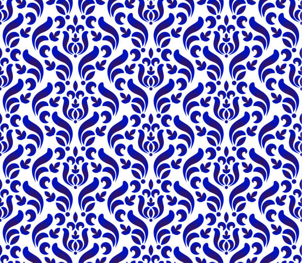 floral porcelain damask pattern seamless damask pattern, blue and white wallpaper classic style of baroque, porcelain floral decorative background for design, texture, wall, fabric and silk, vector illustration persian pottery stock illustrations