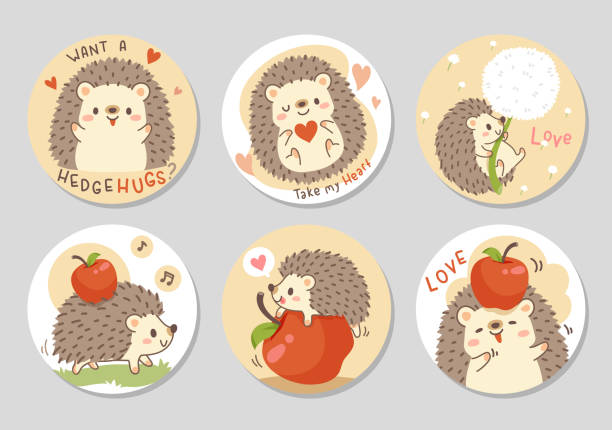 Little hedgehog with red apple set - circle Cute little hedgehog with fresh red apple. Set of rectangle gift tag, card, postcard. Want a hedgehugs? Lovely happy funny. Vector illustration. european hedgehog stock illustrations