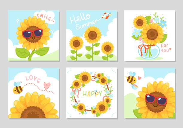 zestaw słonecznikowy - kwadratowy - sunflower hearts stock illustrations
