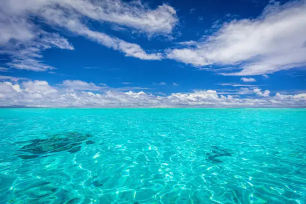 Bora Bora South Pacific Ocean Seascape. Beautiful turquoise crystal clear lagoon of famous Bora Bora Island. Bora Bora, Society Islands, French Polynesia, South Pacific Ocean.