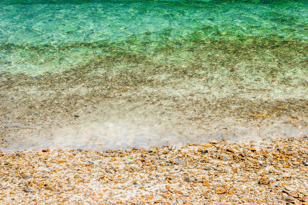 istock Soft waves with foam of water on pebbles and sandy beach. 1145766290