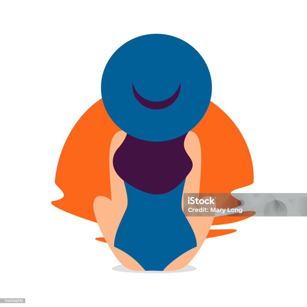 young woman in a blue swimsuit and a hat resting on a beach and looks at the sunset view from the back of young woman in a blue swimsuit and a hat resting on a beach and looks at the sunset. Vector illustration isolated from white One Woman Only stock vector