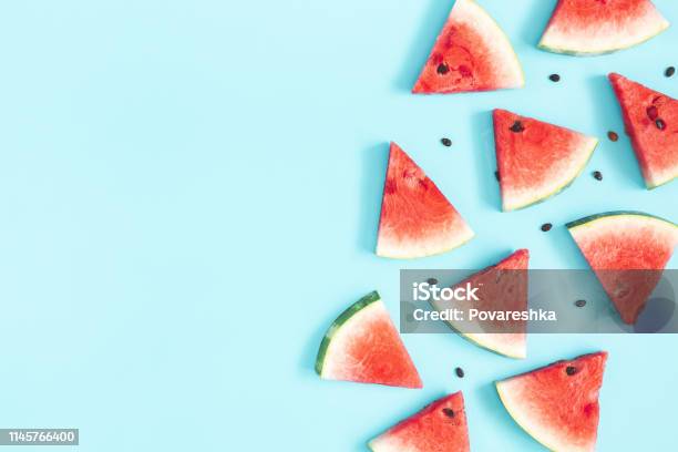 Watermelon Pattern Red Watermelon On Blue Background Summer Concept Flat Lay Top View Copy Space Stock Photo - Download Image Now