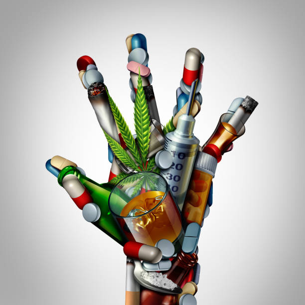No Drugs Stop drugs hand or no drug addiction icon as a health issue representing the dangers and risk of smoking drinking alcohol and medicine overdose as opioids as a 3D illustration. fentanyl stock pictures, royalty-free photos & images