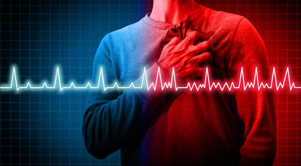 Heart Disorder Heart disorder and atrial fibrillation ecg as a coronary cardiac attack with irregular and normal organ rythm as a chest discomfort disease concept with a person suffering from a circulation illness in a 3D illustration style. heart attack stock pictures, royalty-free photos & images