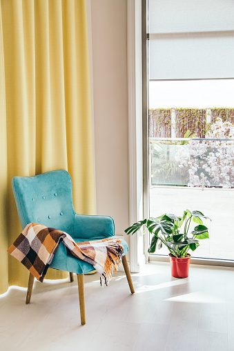 Conceptual light  interior of living room with blue armchair and brown blanket, monstera plant in red vase on white floor, large window and yellow curtain.