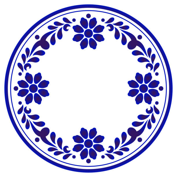 illustrazioni stock, clip art, cartoni animati e icone di tendenza di fiore blu e bianco rotondo - plate blue dishware white