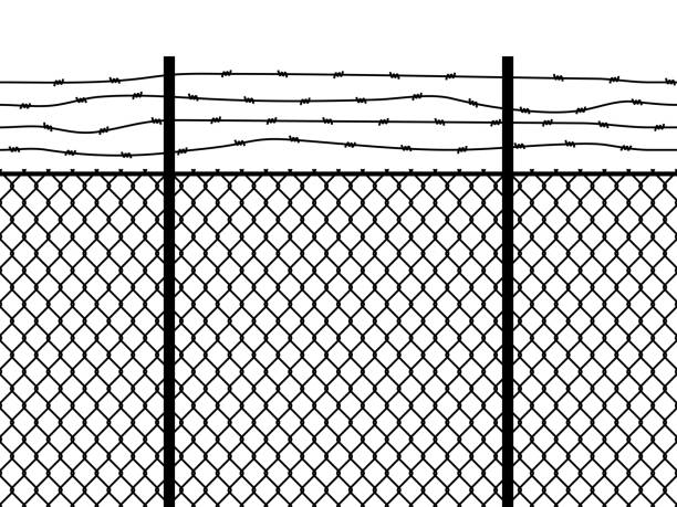 ogrodzenie więzienia. bezszwowy wzór metalowy drut ogrodzeniowy wojskowy link ścienny kolczasty granica granicy siatka graniczna wektor czarna tekstura - barbed wire wire war prison stock illustrations