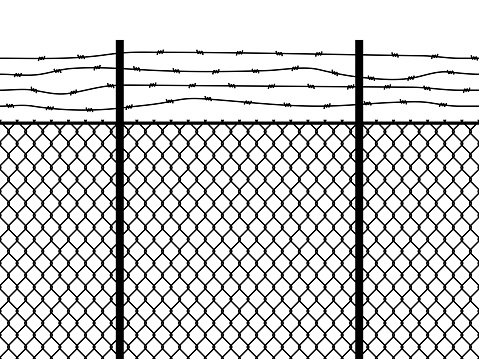 Prison fence. Seamless pattern metal fence wire military wall linkage barbed border security perimeter grid, barbwire construction vector black texture