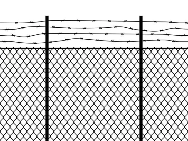 Vector illustration of Prison fence. Seamless pattern metal fence wire military wall linkage barbed border security perimeter grid vector black texture