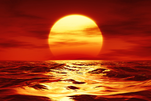 3d illustration of a sunset over the wild sea