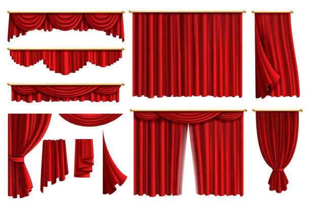 Vector illustration of Red curtains. Set realistic luxury curtain cornice decor domestic fabric interior drapery textile lambrequin, vector illustration