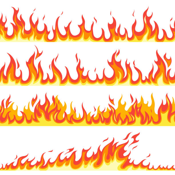 ilustraciones, imágenes clip art, dibujos animados e iconos de stock de llama de fuego sin costuras. incendios de patrón de llamas, línea inflamable de la temperatura caliente, gas ardiente fondo de pantalla de dibujos animados vectoriales texturas marcos - fire