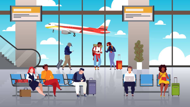 ilustraciones, imágenes clip art, dibujos animados e iconos de stock de terminal del aeropuerto. la gente viaja turista con el control de equipaje de salida pasajeros del aeropuerto de vuelo de transporte de vuelo concepto vectorial - takeoff