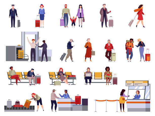 People airport set. Family travel registration passport control checkpoint security airport terminal luggage passenger vector isolated People airport set. Family travel registration passport control checkpoint security airport terminal luggage travelling passenger vector isolated collection airport stock illustrations