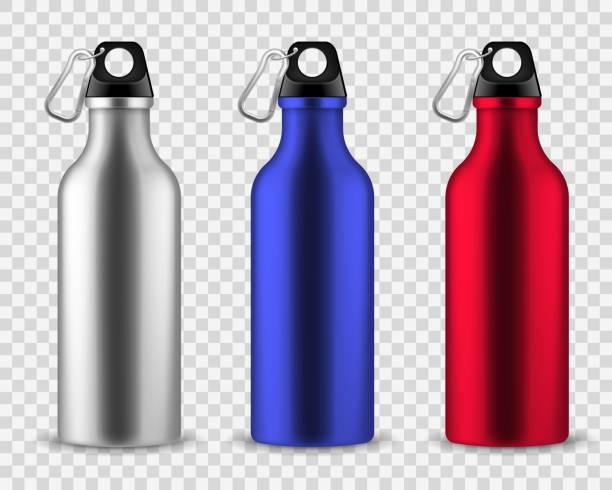 Metal water bottle. Drinking reusable bottles, drink aluminum flask fitness sports realistic stainless vector set Metal water bottle. Drinking reusable bottles, drink aluminum flask fitness sports realistic stainless vector set isolated on transparent background livestock branding stock illustrations