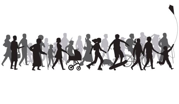 ilustrações de stock, clip art, desenhos animados e ícones de people crowd silhouette. group of person with shadows walk. family and children, couple together, bicycle vector illustration - parade rest