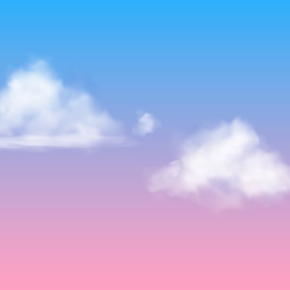 Realistic cloud. White nubes fluffy sky fog clouding isolated on sunrise or sunset blue pink background vector air heavenly concept