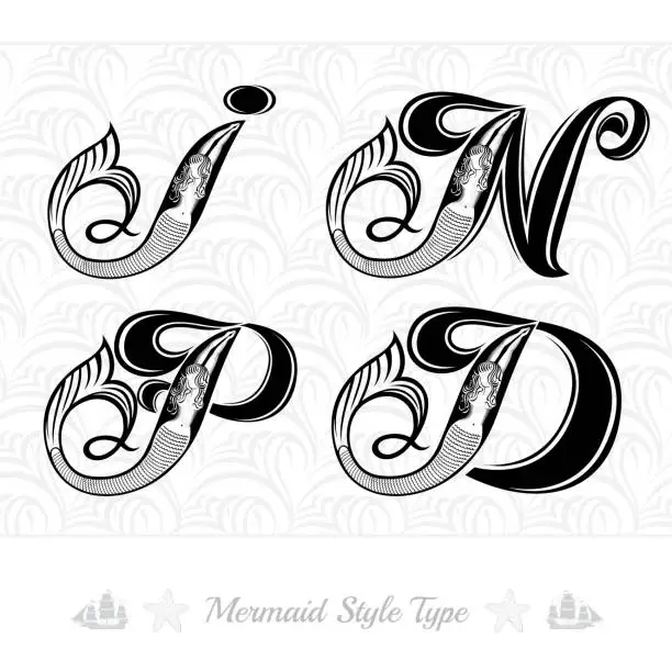 Vector illustration of Set of capital letters I, N, P, D in marine style with mermaid inside each letter