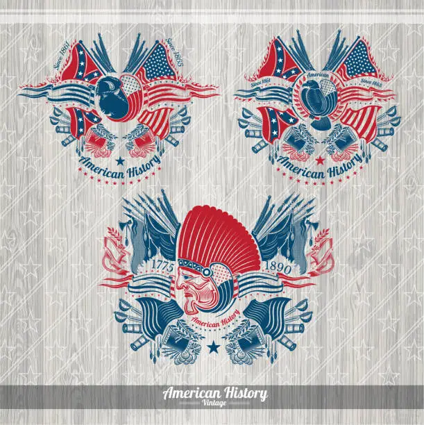 Vector illustration of Indian, bison and eagle with flags and weapons around. Set American history banners