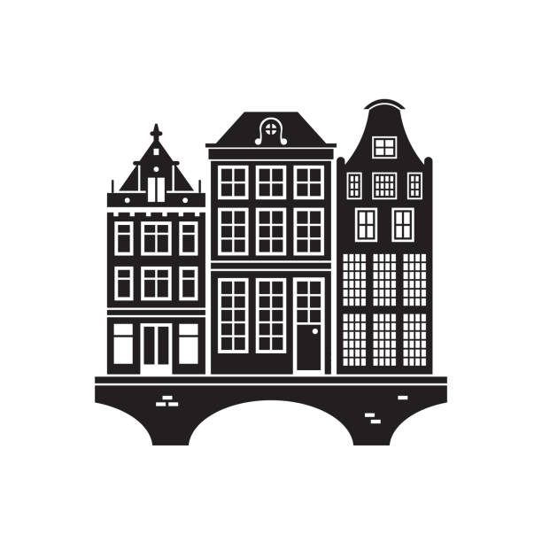 Amsterdam Landmark Icon Travel Amsterdam landmark icon. Canal dutch houses is one of the famous architectural symbols and tourist attractions in capital of Netherlands. Europe Old town home facades silhouettes. canal house stock illustrations