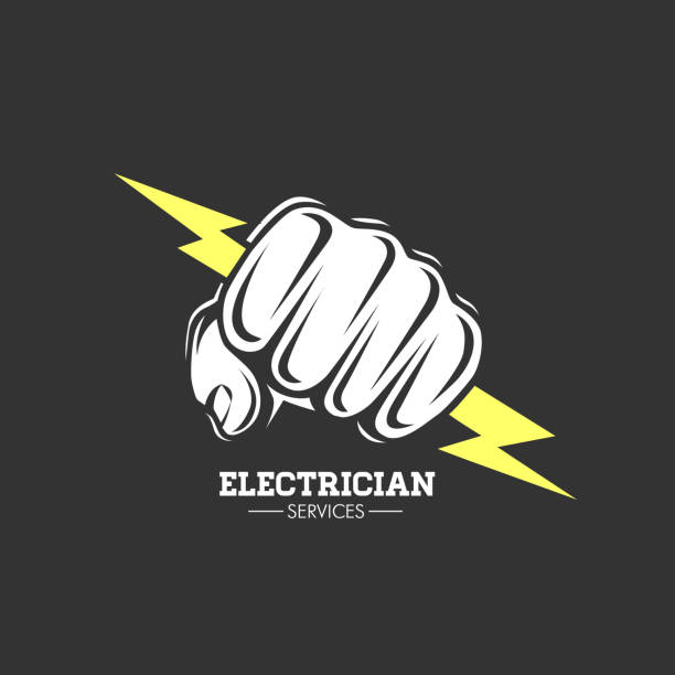 Electrician services Hand holding a lighting Bolt. Symbol, logo. Vector illustration electrician stock illustrations