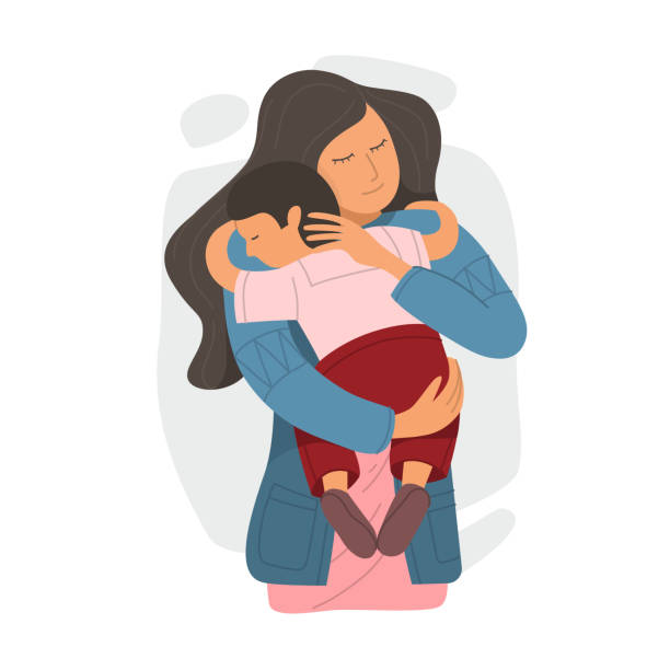 ilustrações de stock, clip art, desenhos animados e ícones de mother embracing little son and expressing love and care. - mother