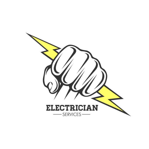 Electrician services Hand holding a lighting Bolt. Symbol, logo. Vector illustration zeus logo stock illustrations