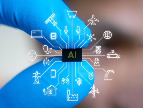 hand holding microchip, future of the artificial intelligence - close up small circuit board computer chip imagens e fotografias de stock