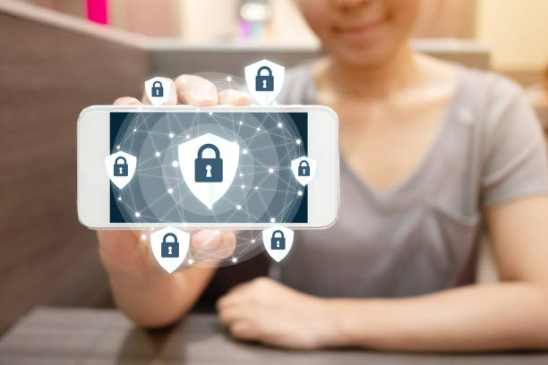 istock Woman using smartphone with icon graphic cyber security network of connected devices and personal data information 1145778626