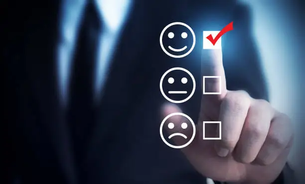 Photo of Businessmen choose to rating score happy icons. Customer service experience and business satisfaction survey concept