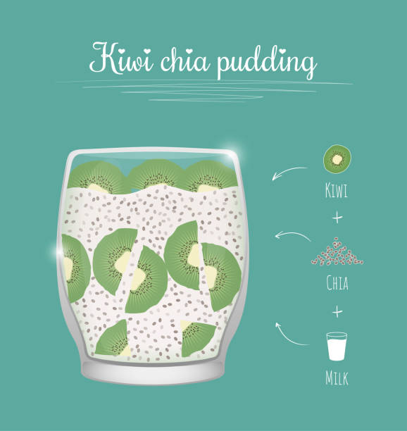 ilustrações de stock, clip art, desenhos animados e ícones de kiwi chia pudding in glass cup. - freshness food serving size kiwi