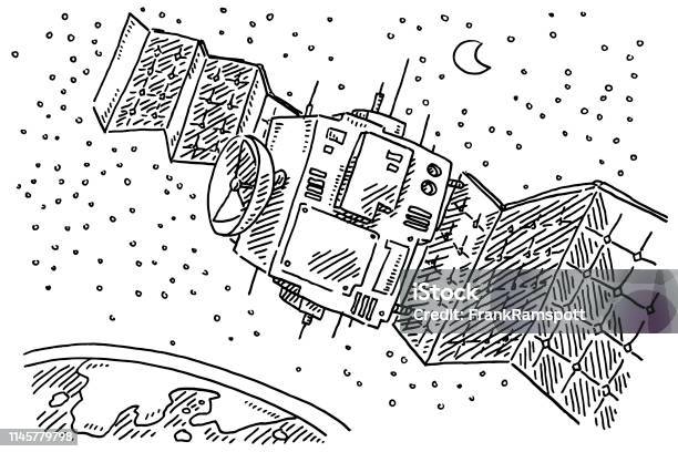 Satellite In Orbit Flying Over Planet Earth Drawing Stock Illustration - Download Image Now