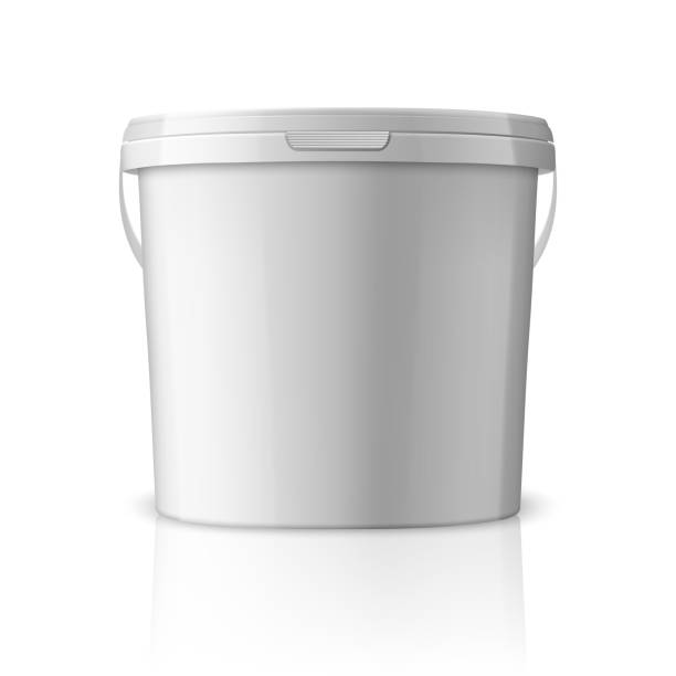 vector realistic 3d white plastic bucket for food products, paint, foodstuff, adquil ves, sealants, primers, putty isolation on white background. design vorlage von packagin für mockup. frontansicht - text work tool three dimensional shape white background stock-grafiken, -clipart, -cartoons und -symbole