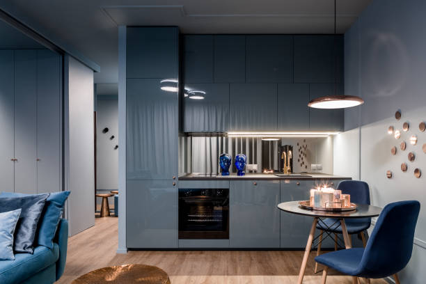 dark interior with open kitchen - apartment interior imagens e fotografias de stock