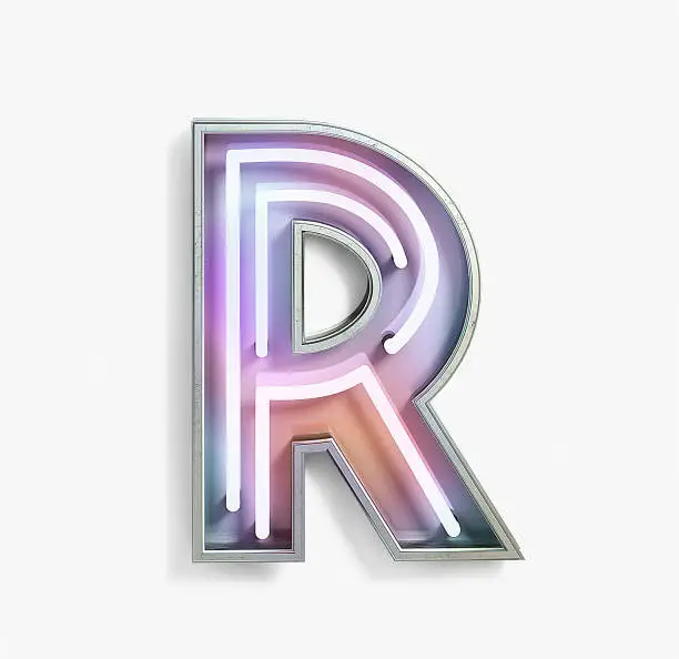 Fluorescent Colored Neon Font. Letter R. Night Show Alphabet. 3d Rendering Isolated on White Background.