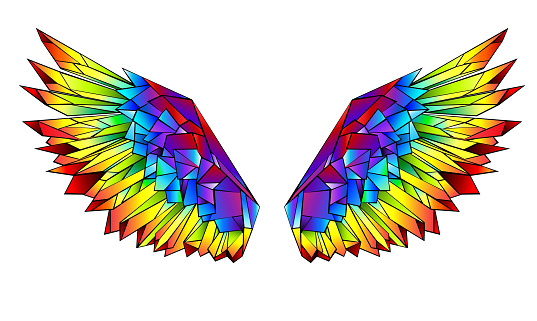 Artistically drawn, bright, rainbow, polygonal wings on white background.