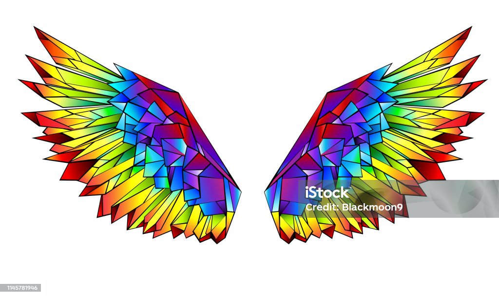 Rainbow polygonal wings Artistically drawn, bright, rainbow, polygonal wings on white background. Costume Wing stock vector