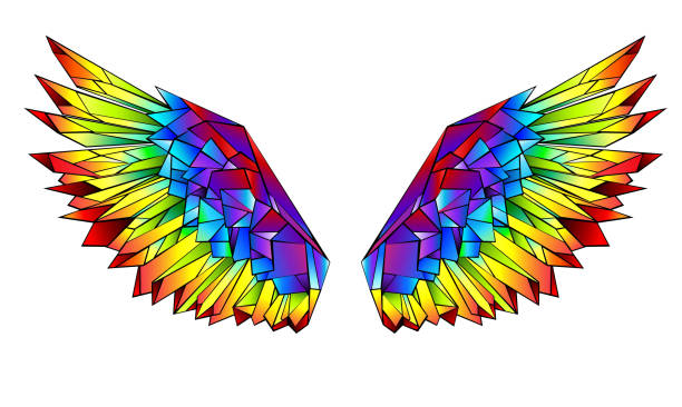 Rainbow polygonal wings Artistically drawn, bright, rainbow, polygonal wings on white background. costume wing stock illustrations