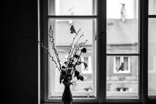 istock Flowers in vase, old window, black and white 1145782306