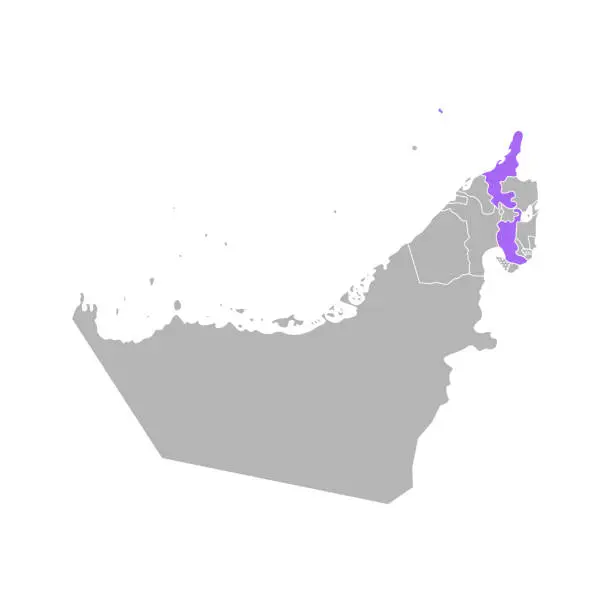 Vector illustration of Vector isolated simplified colorful illustration with grey silhouette of United Arab Emirates (UAE), violet contour of  Ras Al Khaimah