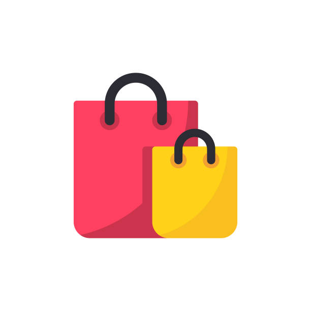 쇼핑백 플랫 아이콘입니다. 완벽 한 픽셀. 모바일 및 웹에 적합 합니다. - symbol retail computer icon shopping bag stock illustrations