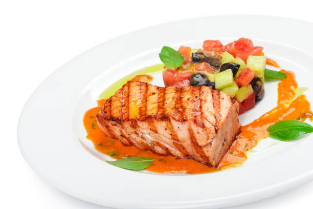 istock Grilled salmon fillet isolated on white. 1145783334